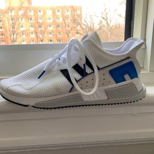 White/black/blue adidas EQT equipment sneakers